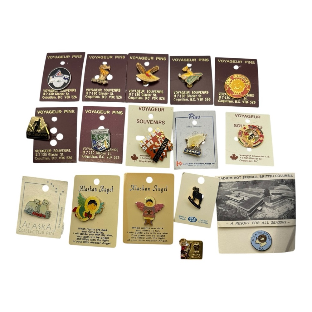 Lot of 16 Vintage Travel Souvenir Enamel Pins Canada Alaska‎ Voyager Banff